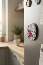 Circle Magnet with Printed Design on Fridge