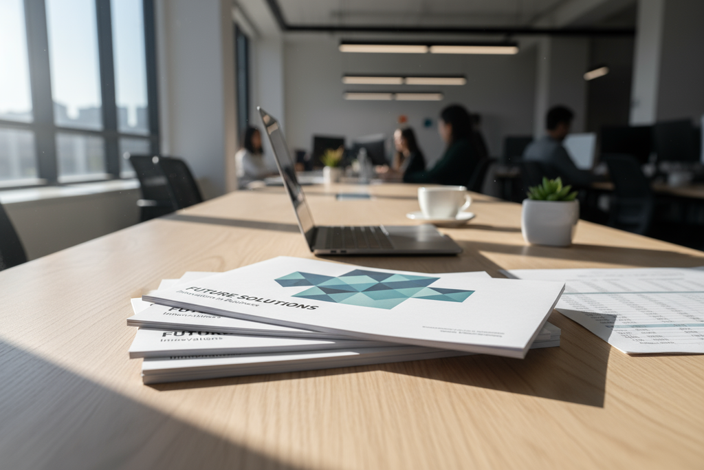 stack of printed leaflets on a desk, professional setting