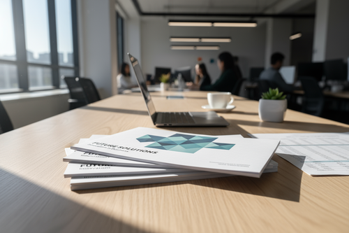 stack of printed leaflets on a desk, professional setting